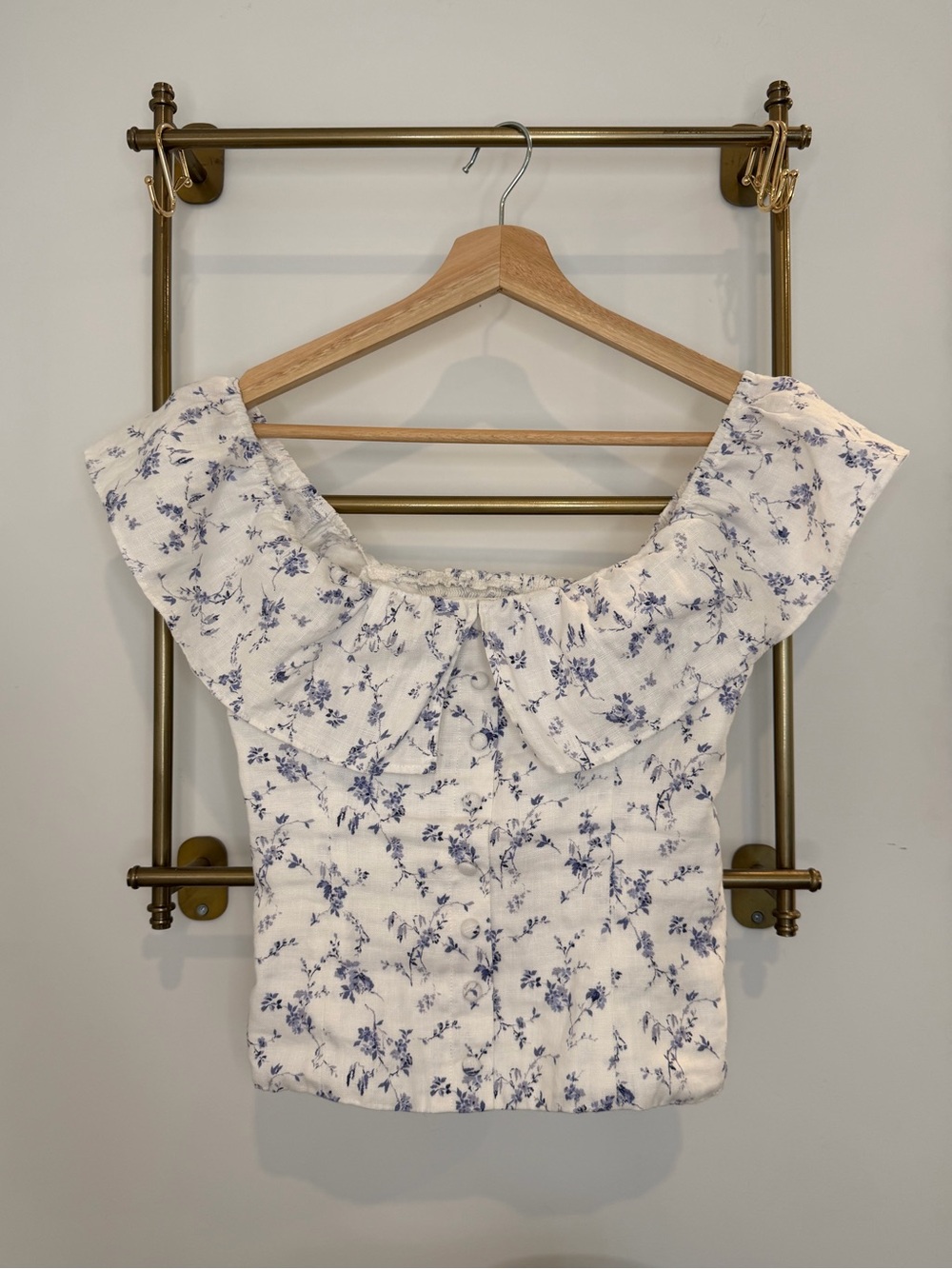 Reformation Cream Crop Top with Blue Floral Print